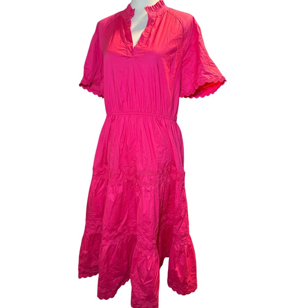 Crown & Ivy Pink Ric Rac Tiered Cotton Midi Dress, Coastal Summer, Size Medium - Picture 2 of 11